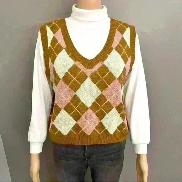 NOBO Y2K Oversized Diamond Pink &  Brown V-neck Cropped Short Sweater Vest - Picture 12 of 13